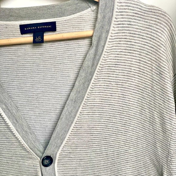 Men’s Large Banana Republic Button Down Cardigan, white/grey striped - Picture 1 of 4